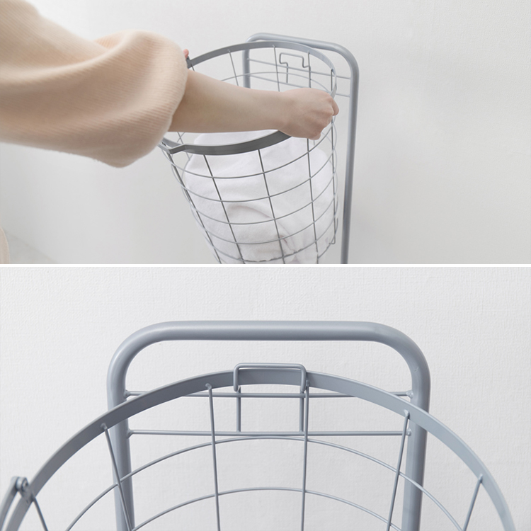 2段ランドリーバスケット キャスター付き くすみカラー 丸型 [4]