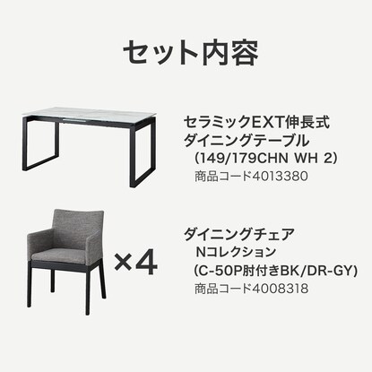 ダイニングテーブル5点セット(DTセーラル 149 179 WH2/C-50P肘付き BK) [2]