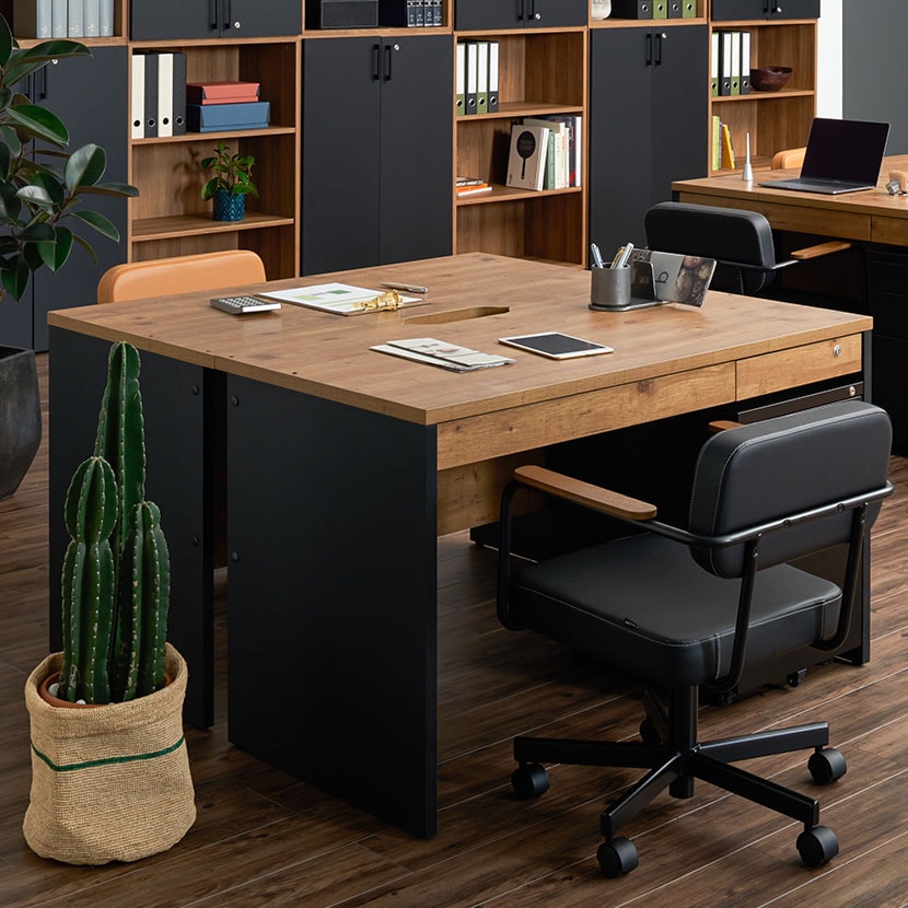 ペスパ2.0 古木調 木製ワークデスク 引き出し 幅1200×奥行600×高さ720mm 配線スリット オフィスデスク ヴィンテージ調 [3]