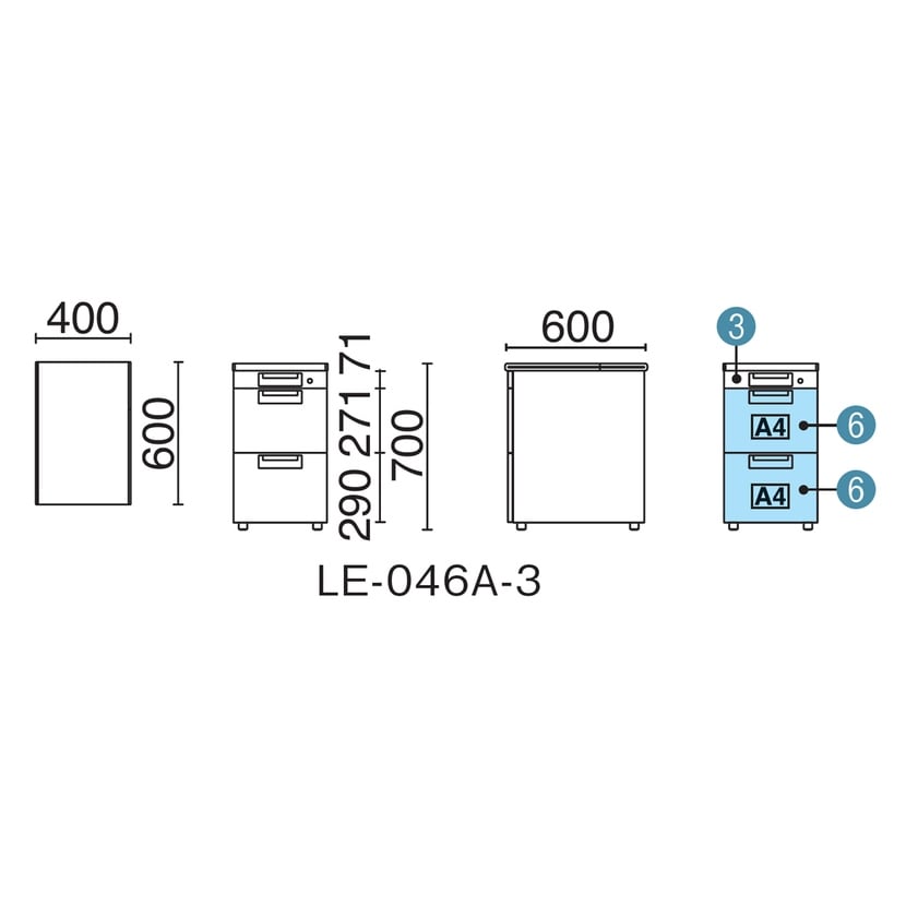 LE-046A-3 | リード 脇机 D600 A-3段 幅400×奥行600×高さ700mm プラス(PLUS) [5]