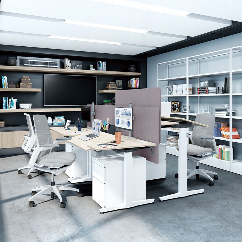 オカムラ リーガス REGAS L型天板 3U21BA オフィスデスク 電動昇降 幅1350×奥行800×高さ670～1250mm 本体 ホワイト [3]