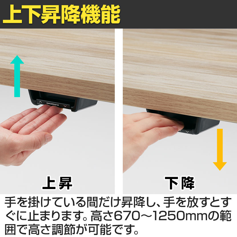 オカムラ リーガス REGAS U型天板 3U20AB オフィスデスク 電動昇降 幅1550×奥行800×高さ670～1250mm インジケータ付き 本体 ブラック マークレス [5]