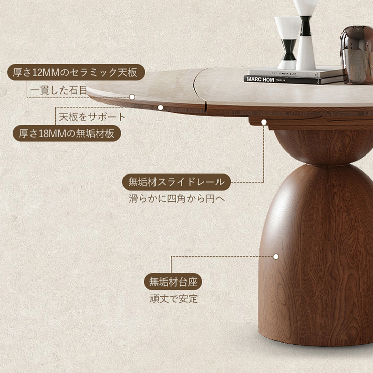 ダイニングテーブル セラミック 食卓 大理石調 丸形  伸縮タイプ 耐久性 耐熱 fnl-279 [5]
