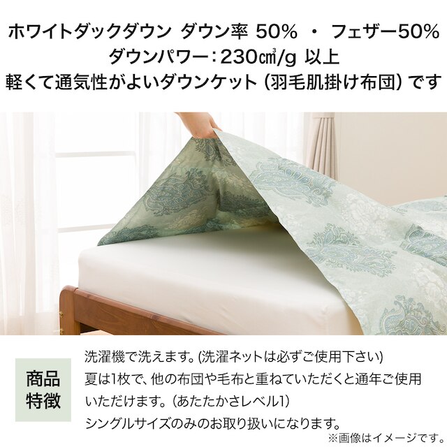 洗える肌掛布団 ホワイトダックダウン50％ シングル グリーン [3]