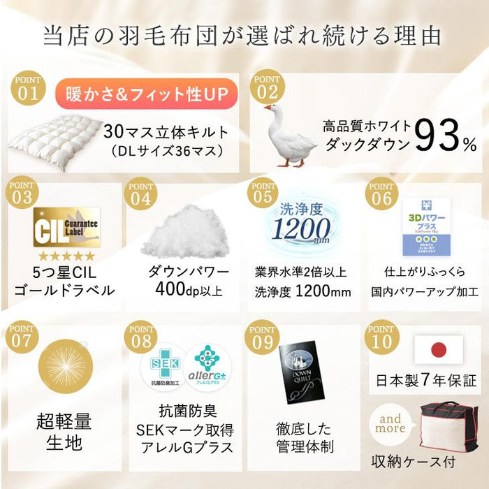 [ダブル] 羽毛布団 ホワイトダックダウン93％ 増量タイプ CILゴールドラベル 36マス立体キルト 400dp以上 かさ高165mm以上 7年保証 日本製 〔10119060〕 [4]