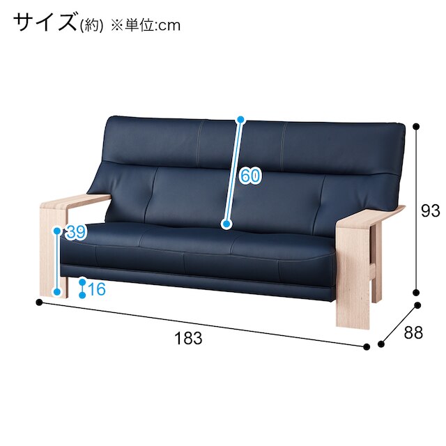 3人用本革ソファ(ダンテ2 W15403Y ルークファントムBL/WW) [3]