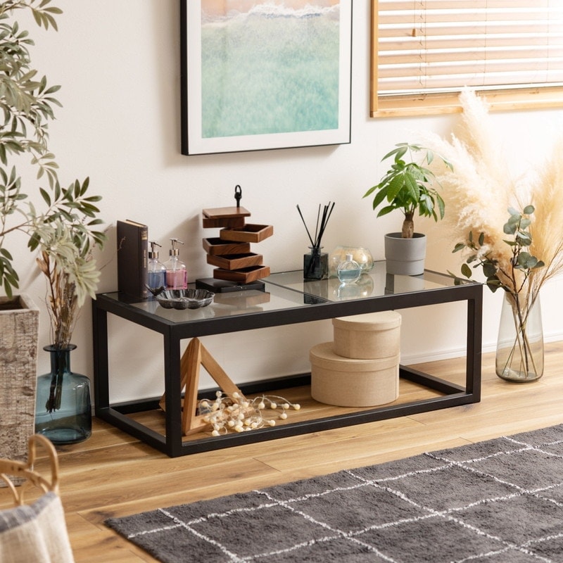 天然木フレーム ガラステーブル ブラック 110×50×38cm [4]