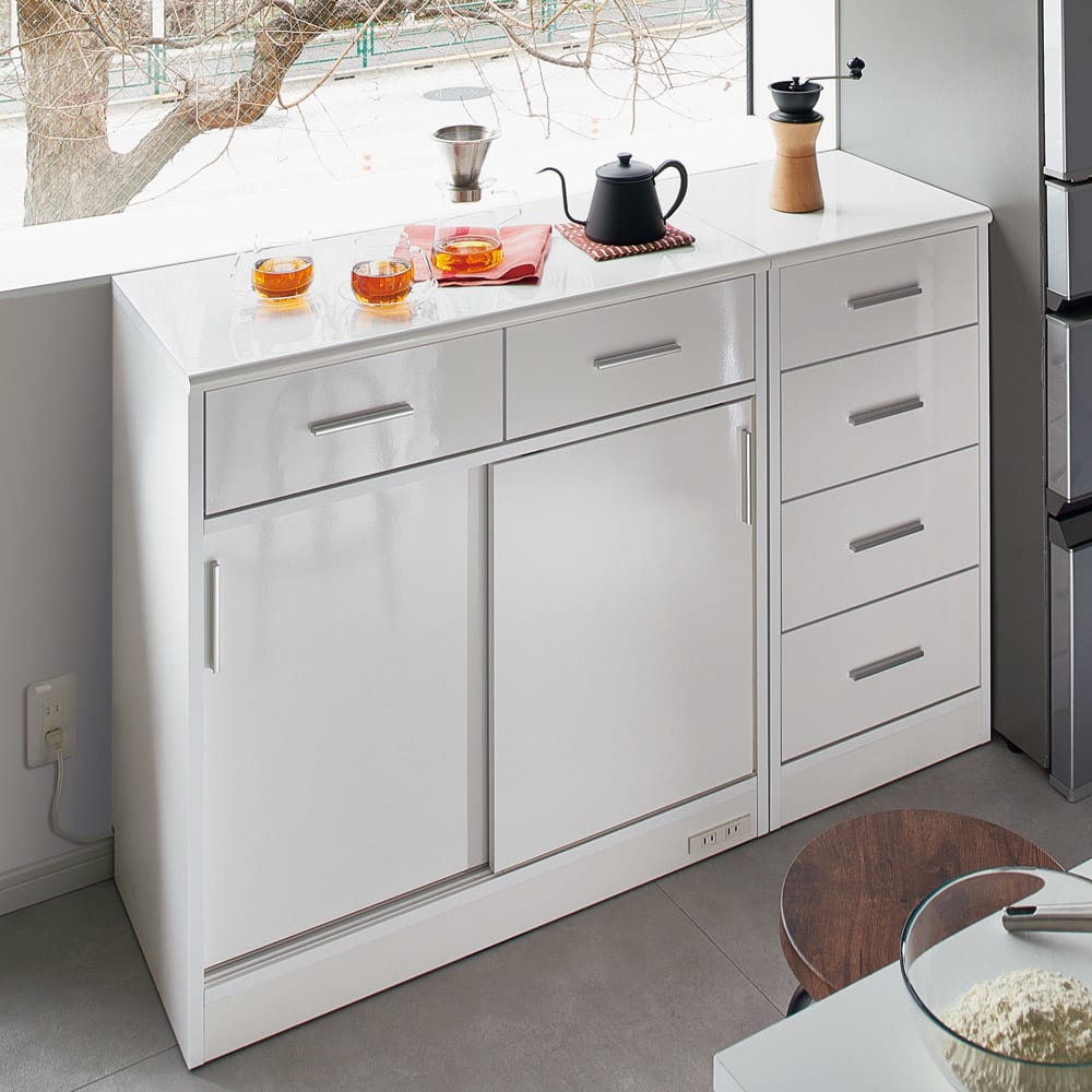 お手入れがラクな光沢天板！高さオーダー 引き戸キャビネット 幅90cm奥行45cm高さ70cm〜100cm