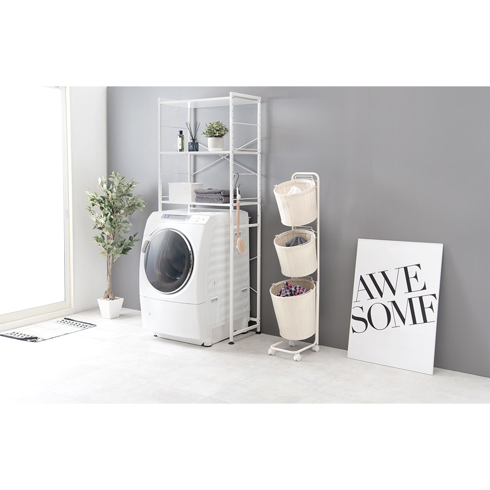 ラタン調ランドリー丸型バスケットワゴン　バスケット3個タイプ [3]