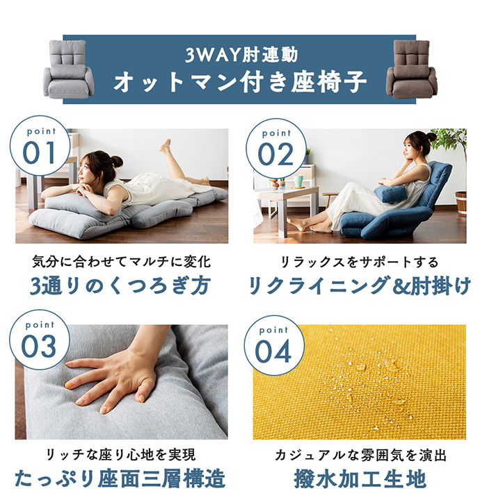 【送料無料】チェア 座椅子 椅子 イス リクライニングチェア フロアチェア リクライニング オットマン付き 肘掛け付き コンパクト 14段階リクライニング 撥水加工 ハイバック 3way 折り畳み可能 おしゃれ 一人用 在宅 一人暮らし ざいす いす ブルー [5]