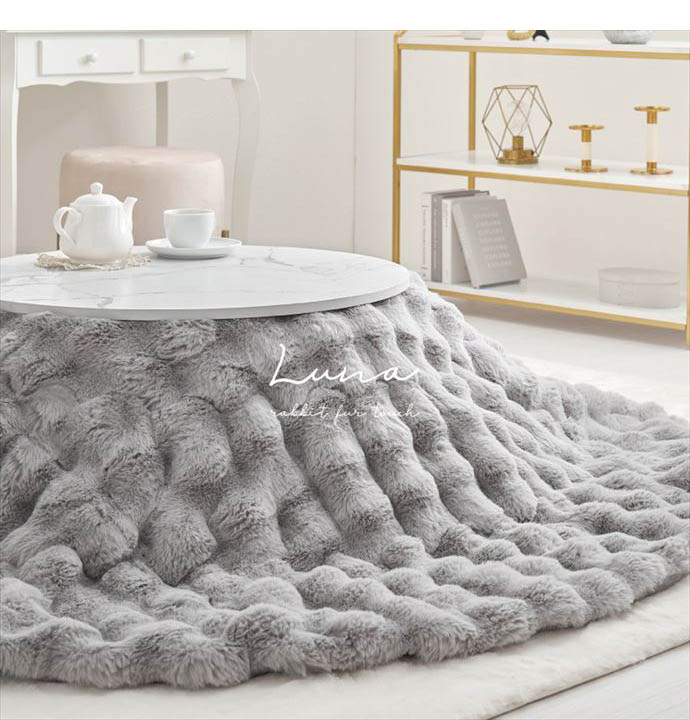 190cm×190cm こたつ こたつ布団 炬燵布団 こたつ掛け布団 毛布 丸形 薄掛け 洗える 丸洗い 洗濯機 低ホルムアルデヒド ラビットファー調 ぽこぽこ もこもこ ふわふわ フランネル 一人暮らし コンパクト 静電気防止 リビング アイボリー [2]