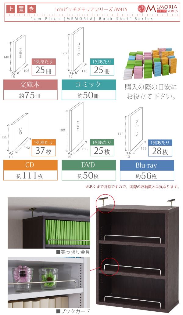 幅42 本棚 ブックシェルフ マガジンラック 飾り 収納ボックス カラー 食器 書棚 パーテーション 仕切り 単品 オープン 上置き用 メモリア 1cmピッチ 可動棚 つっぱり 薄型 ホワイト [5]