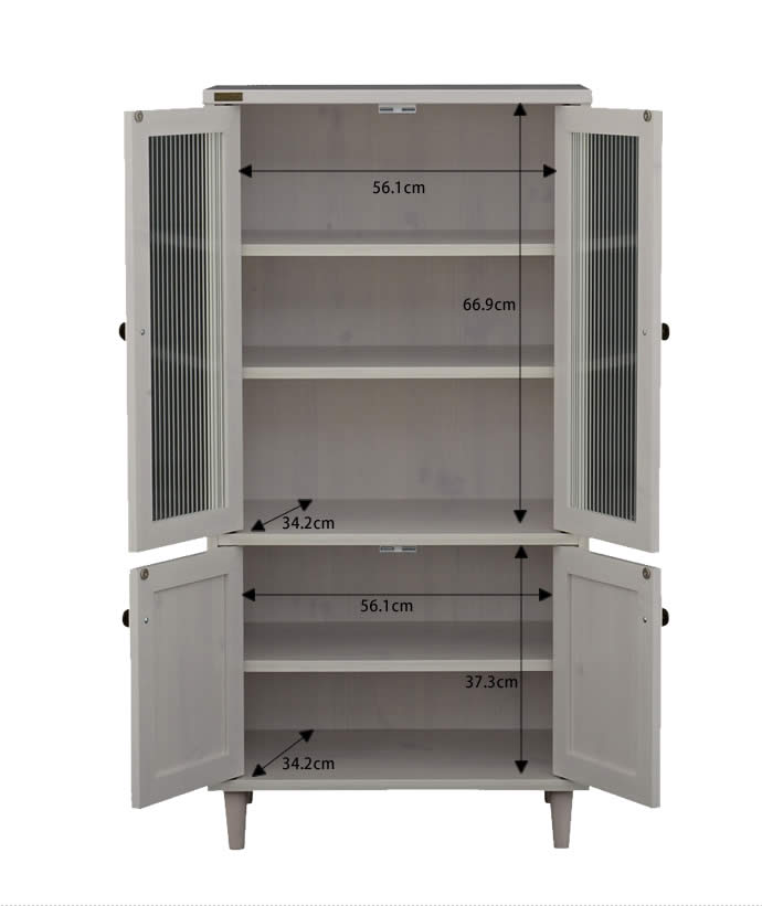 【送料無料】【ガラス扉】キャビネット キッチン収納 木目調 アンティーク調 波ガラス レトロ 爽やか  ホワイト [4]