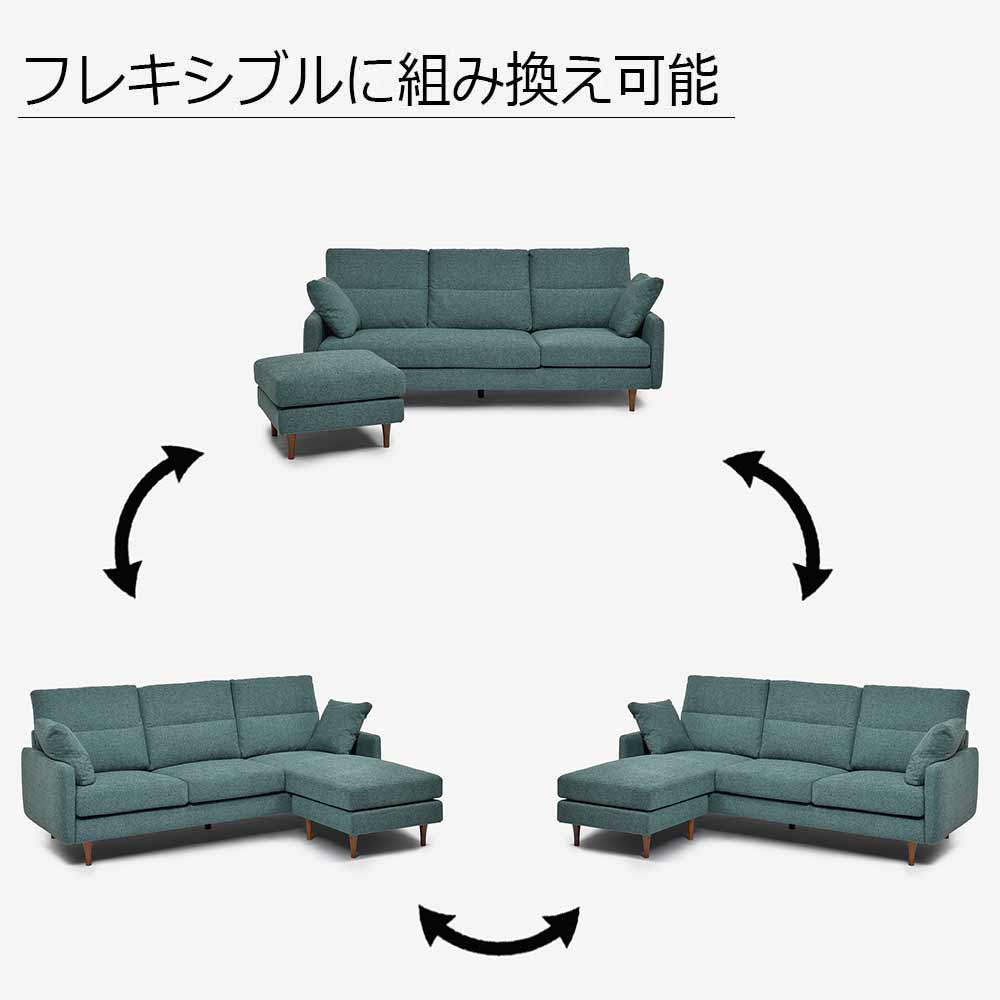 組み替え可能 カウチソファ「デュオ3（3SCA）」幅215cm ハイバックタイプ  スリム肘 座面ハードタイプ 布#4 S-ビリーブアクアマリン（グリーン） 脚部全5種類【受注生産品】【セール対象品のため30%OFF】 [4]