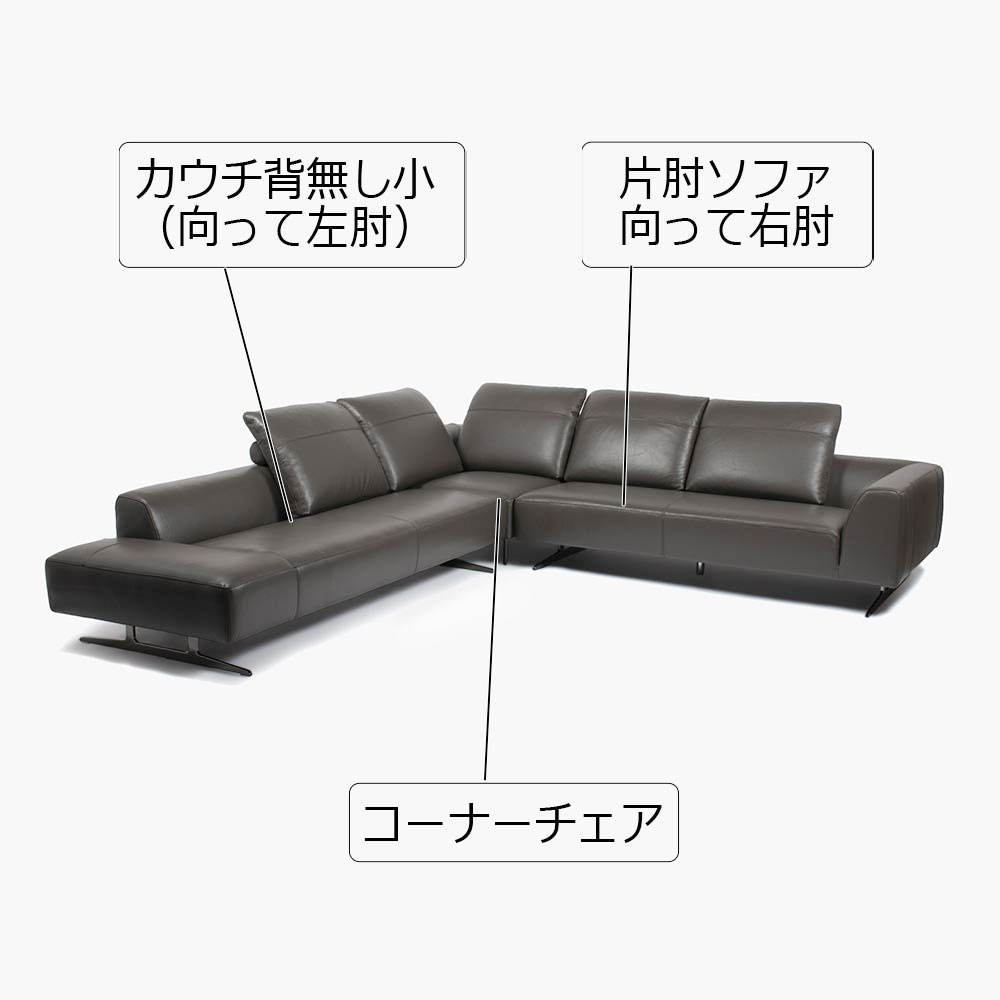 コーナーカウチソファ 3点セット「L/S 59（エルエス59）」301x287cm カウチ背無し小（向って左肘）+コーナーチェア+片肘ソファ向って右肘 革グラファイト色 #J-112E [2]