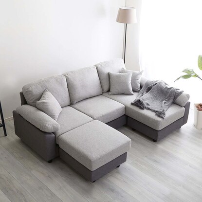 布張りツートン5人掛けコーナーカウチソファ (GY) [4]