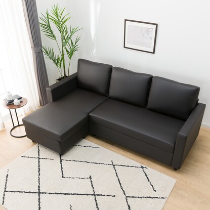 傷･汚れに強い合成皮革 収納付きカウチソファ(ノアーク2 Nシールド DBR) [2]