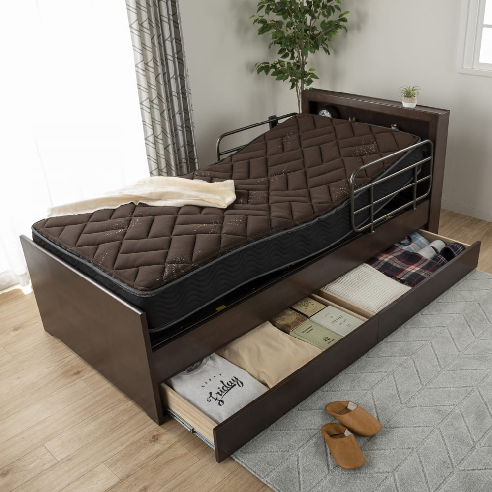 【非課税】電動シングルベッドフレーム+マットレスセット(エンブレムスリムキャビ 2Ｍ 引出し 手すり付 L　RM-AGBR) [2]