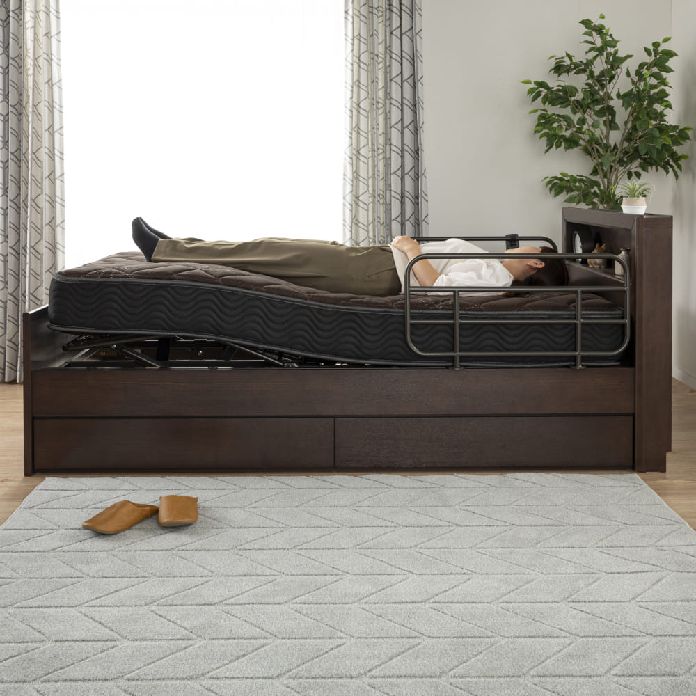 【非課税】電動シングルベッドフレーム+マットレスセット(エンブレムスリムキャビ 2Ｍ 引出し 手すり付 L　RM-AGBR) [5]