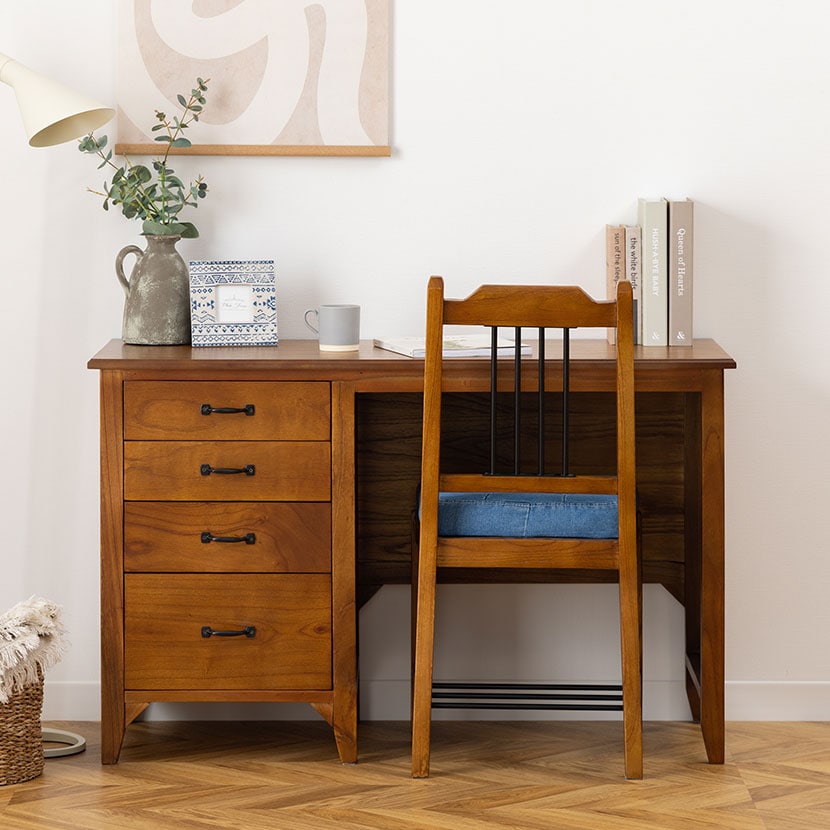 デスクセット 2点セット (幅1120mmテーブル1台+チェア1脚) アンティーク風 天然木 完成品 レトロ ヴィンテージ 幅1120×奥行450×高さ700mm [3]