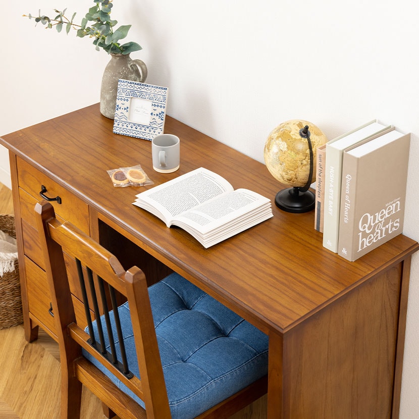 デスクセット 2点セット (幅1120mmテーブル1台+チェア1脚) アンティーク風 天然木 完成品 レトロ ヴィンテージ 幅1120×奥行450×高さ700mm [5]