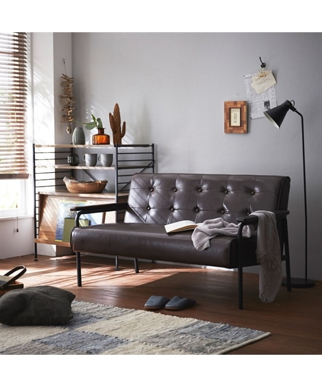 [2人掛け]ソファ｜木肘 スチール 合皮 レトロヴィンテージ風 [5]