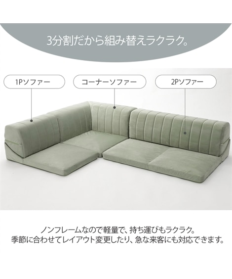 [3人掛け]ローソファ3点セット｜コーナー ベロア調 日本製 大人可愛い キルトデザイン [4]