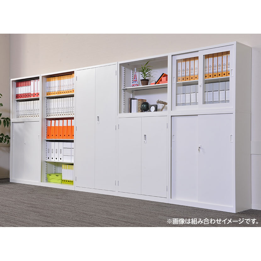 【国産】【完成品】スチール引戸書庫 2段 鍵付き 上置き ホワイト 幅880×奥行380×高さ750mm スチール書庫 スチールキャビネット オフィス 収納 事務所 [2]