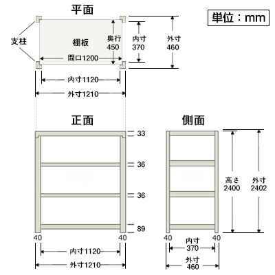 【本体】スチールラック 150kg/段 5段 W1200×D450×H2400mm [4]