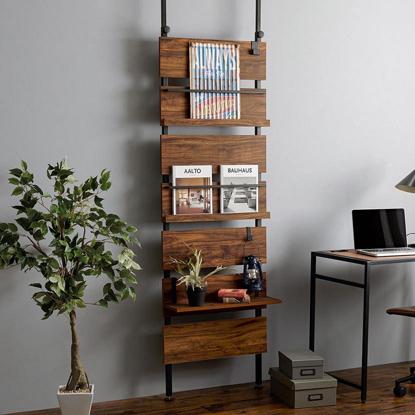 突っ張り棚 大理石調 木目調 モダン マガジンラック 収納 ラック 棚 シェルフ パーテーション 間仕切り 伸縮 木製 幅600×奥行215×高さ2000～2650mm [3]