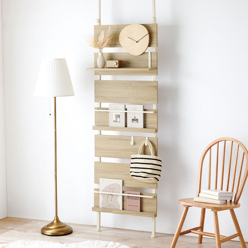 突っ張り棚 大理石調 木目調 モダン マガジンラック 収納 ラック 棚 シェルフ パーテーション 間仕切り 伸縮 木製 幅600×奥行215×高さ2000～2650mm [4]