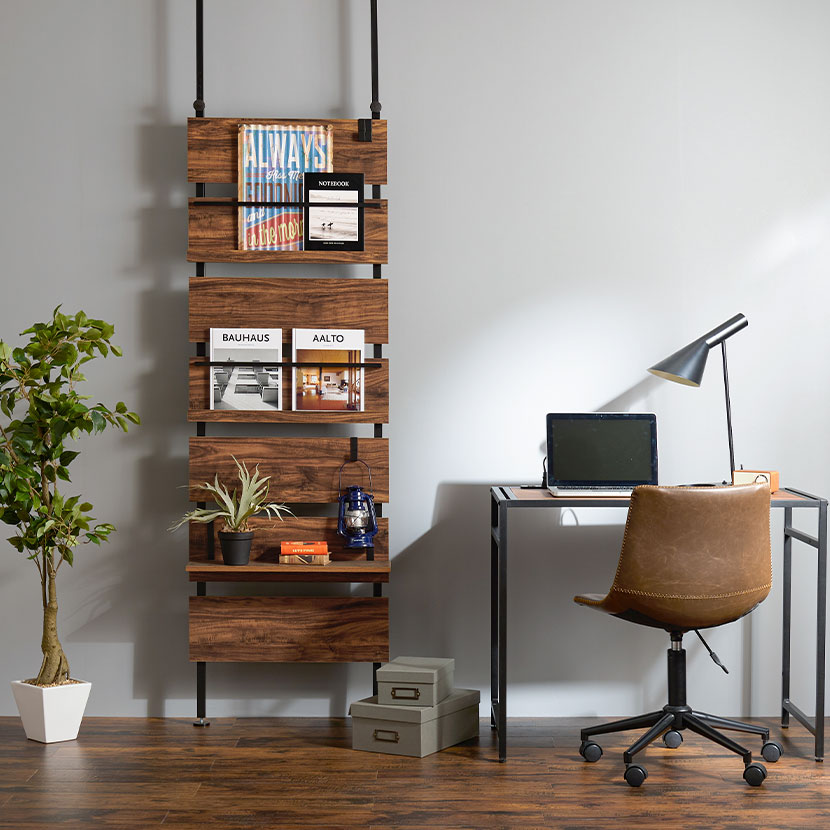 突っ張り棚 大理石調 木目調 モダン マガジンラック 収納 ラック 棚 シェルフ パーテーション 間仕切り 伸縮 木製 幅600×奥行215×高さ2000～2650mm [5]