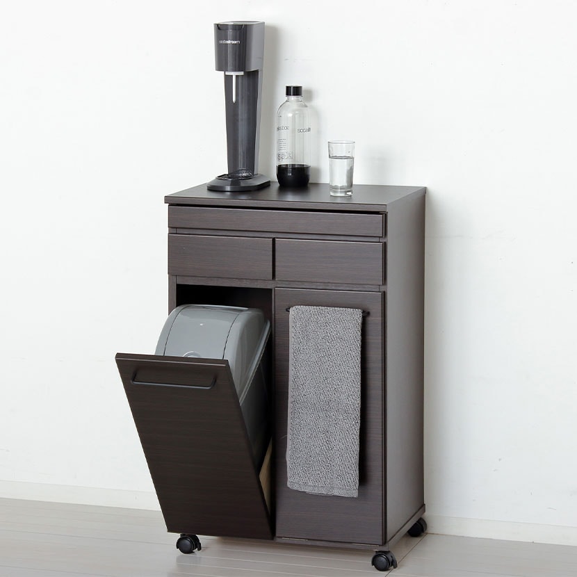 スライド棚付きダストボックス2D 木製 カウンター 2分別 ごみ箱 収納 キャスター付き 幅550×奥行400×高さ875mm [3]