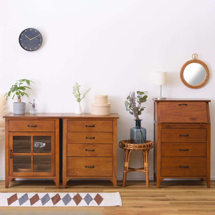 ミニキャビネット アンティーク風 キャビネット ガラス扉 リビング収納 小物収納 収納家具 天然木 黒アイアン コンパクト 小さめ 木製 幅600×奥行400×高さ750mm [2]