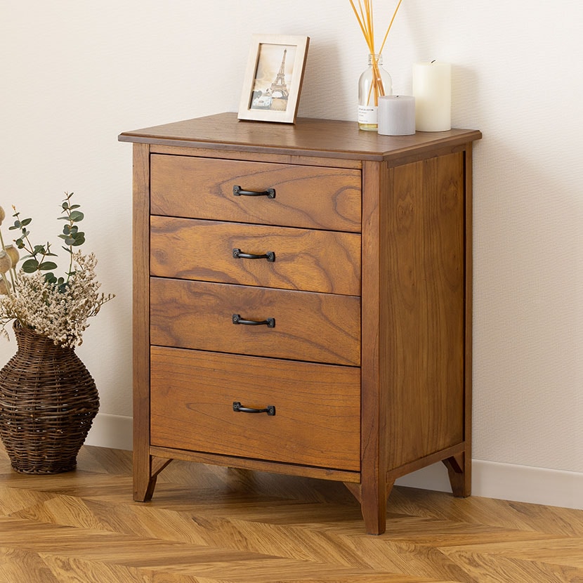 ミニチェスト アンティーク風 チェスト リビング収納 小物収納 収納家具 天然木 黒アイアン コンパクト 小さめ 木製 幅600×奥行400×高さ750mm [2]