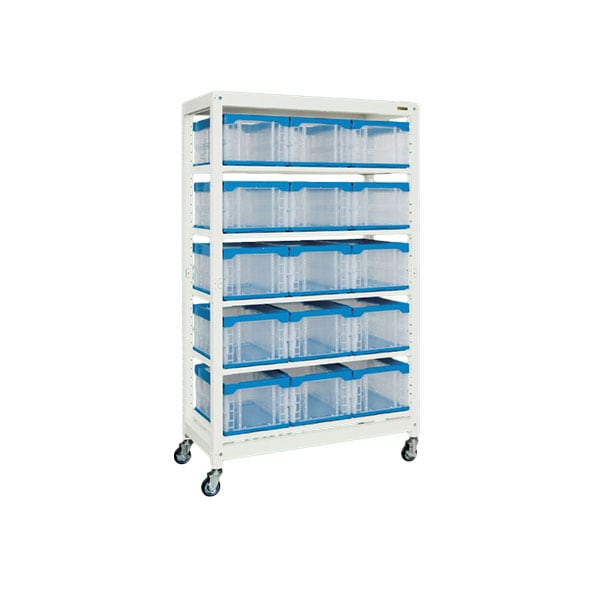 【本体】サカエ マルチプルラック コンテナ収納タイプ(移動式) 5段中コンテナ(40BTM) 15個セット 固定棚 耐荷重50kg 幅1250(間口) ×奥行570×高さ2073mm 収納ボックス 備品管理 SKE-MR1940BLC [5]