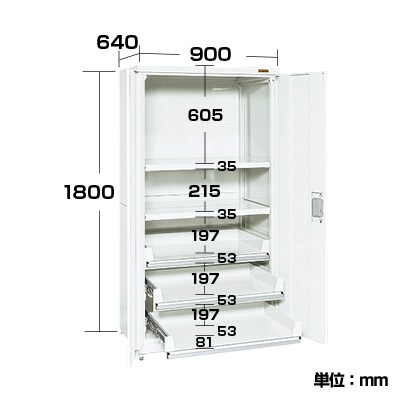 サカエ PNH9063C3W | 保管システム収納庫 鍵付き 両開扉タイプ 保管庫 均等耐荷重250kg/段 幅900×奥行640×高さ1800mm [2]