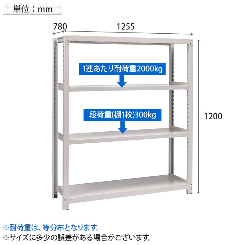 【本体】国産スチールラック 中量棚300kg/段 単体 ボルトレス 高さ1200×幅1200×奥行750×天地4段 [3]