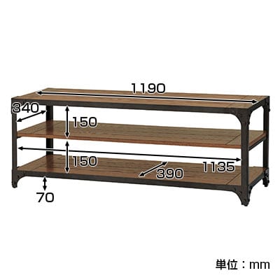 ヴィンテージローボード 幅1210×奥行410×高さ450mm 天然木(アッシュ) スチール(粉体塗装) ハンマートーン仕上げ [2]