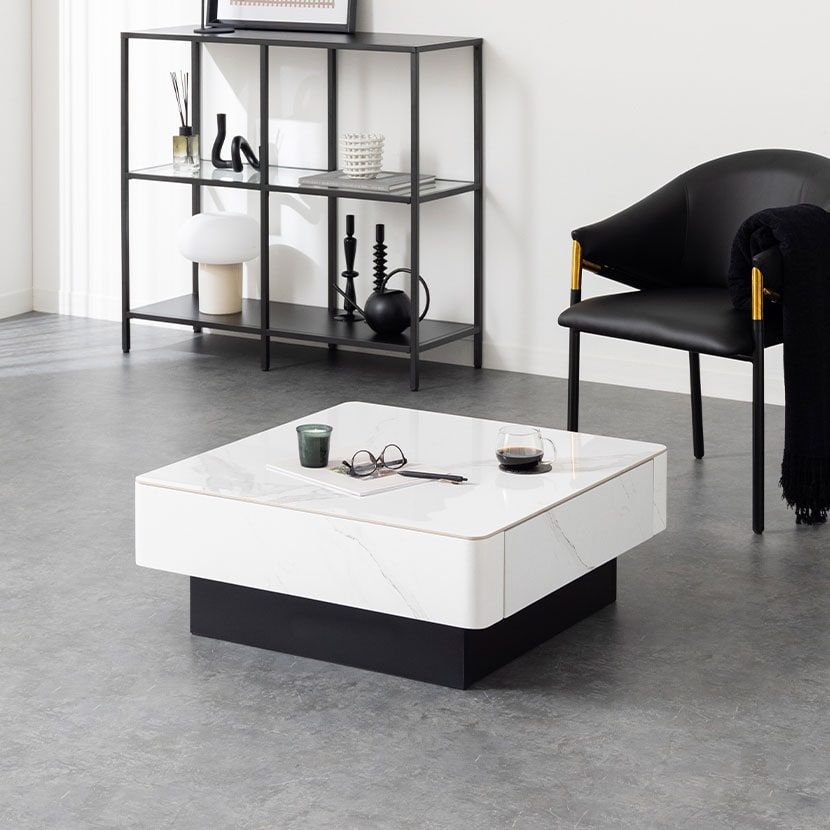 ローテーブル オーヴ ORV 収納 引き出し セラミック天板 正方形 テーブル 座卓 収納付きテーブル リビングテーブル センターテーブル 完成品 幅750×奥行750×高さ300mm 白 おしゃれ グレー ホワイト モダン シンプル 石目調 大容量 [3]