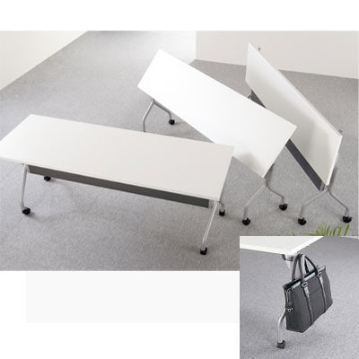 キャスター付き 天板跳ね上げ式テーブル 会議用テーブル 幅1800×奥行600mm 幕板付 [2]