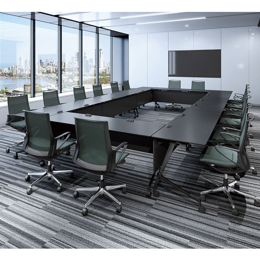 オカムラ マルカ Marca サイドフォールドテーブル 81F5AA ミーティングテーブル フラップテーブル 跳ね上げ式 ネスティング 幅1800×奥行450×高さ720mm ナイロンキャスター 幕板付き メラミン天板 ブラック/プライズウッド [5]