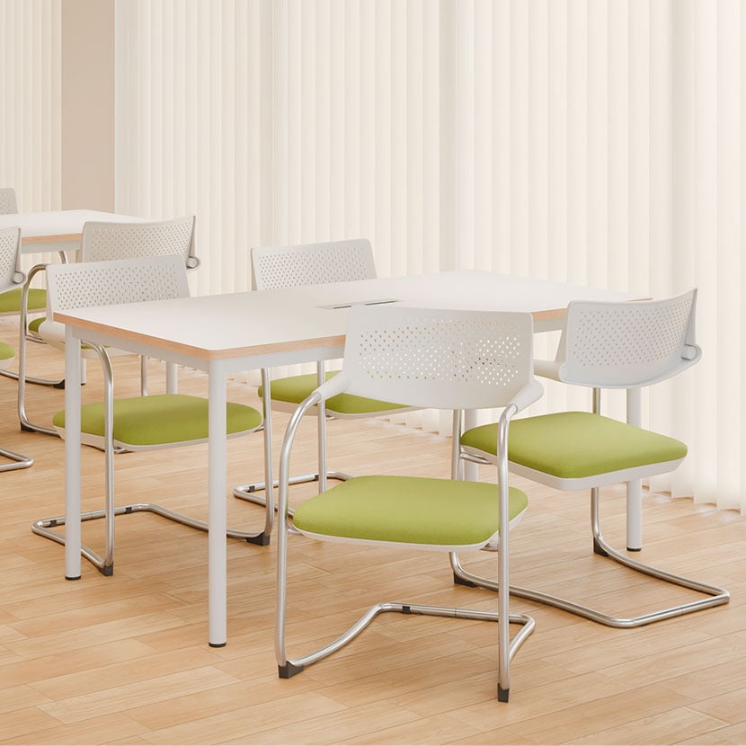 【4人用 会議セット】配線ボックス付き 会議テーブル 1500×800 ビネイル + カンチレバーチェア ZARMAS2 【4脚セット】【テーブル)ホワイト・チャコールグレー:販売終了】 [4]