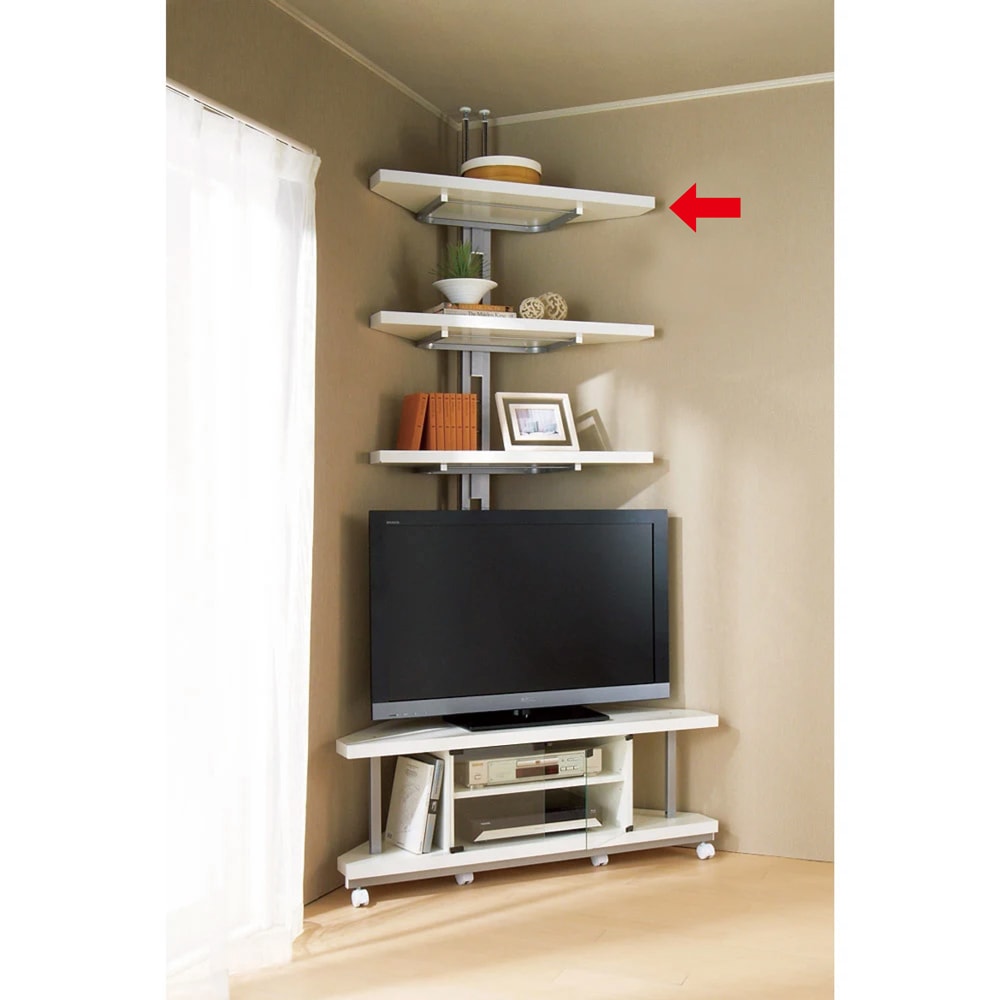 突っ張り式コーナー用ラック 幅90cm・3段 【テレビ上の空間を有効活用】 [3]