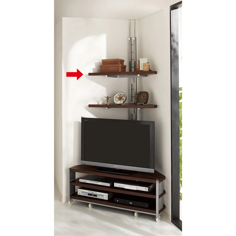 突っ張り式コーナー用ラック 幅90cm・2段 【テレビ上の空間を有効活用】 [3]