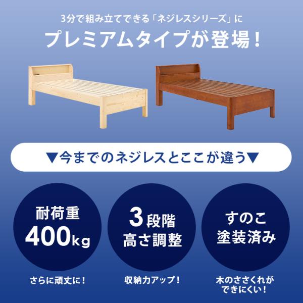 [シングル] 3分で組立できるすのこベッド 宮棚付きタイプ コンセント付き 頑丈 高さ調節3段階 NEJILESS PREMIUM（フレーム単品orマットレスセット） [3]