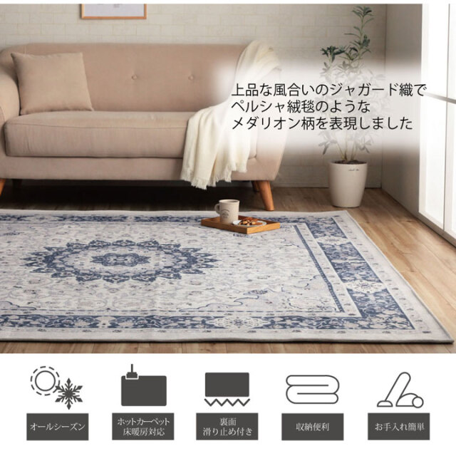 ラグ 手洗い ジャガード織 メダリオン柄 コンパクト 滑りにくい加工 オールシーズン 床暖房 ホットカーペット対応 [2]