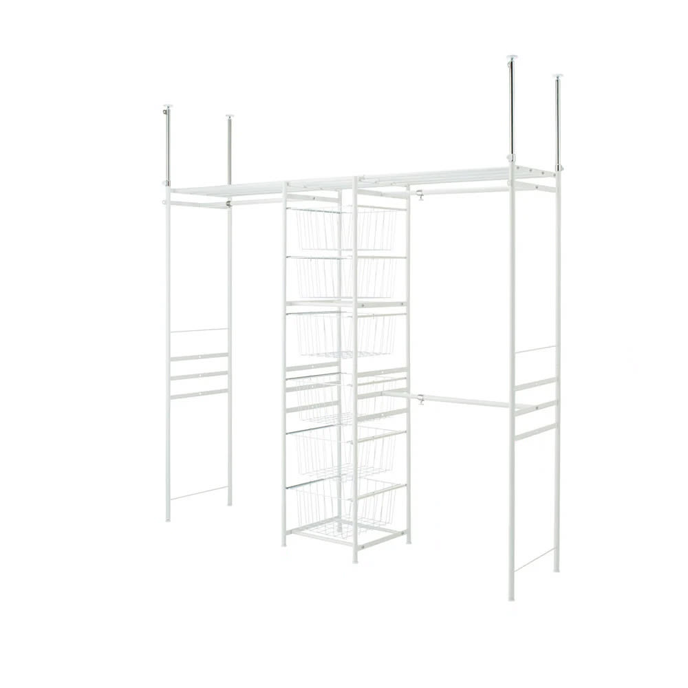 白でカスタマイズするホワイトハンガーシリーズ 上下・左右カーテン付き バスケット付き・ロータイプ（高さ185cm〜246cm・幅170cm〜238cm）