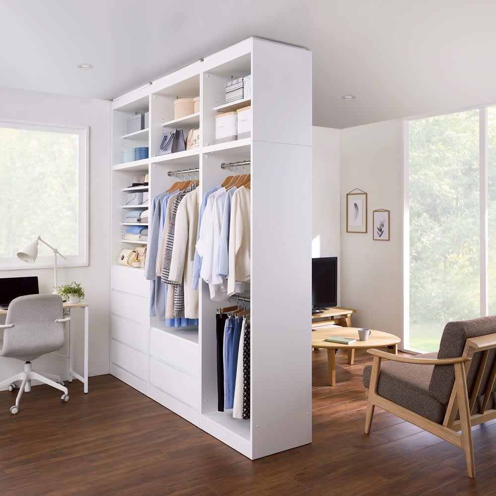 奥行スリムで省スペース オープン間仕切りワードローブ ハンガー2段 幅80奥行54cm