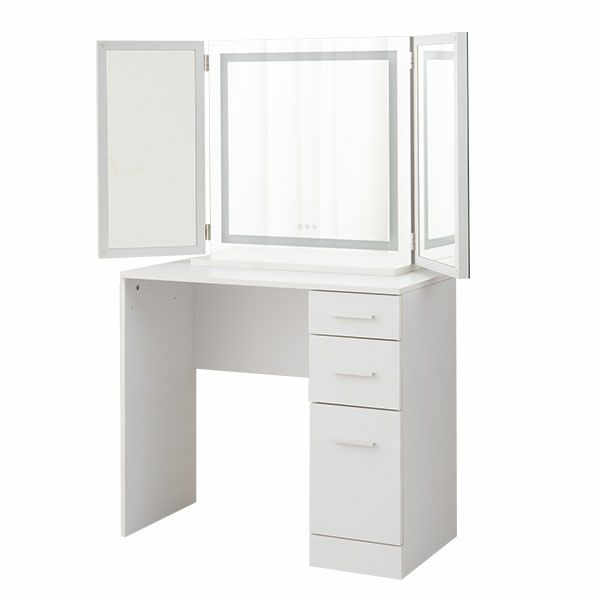 LEDライト付き 三面鏡 ドレッサー 2点セット 鏡台 シンプルデスク パソコンデスク 女優ミラー スタンド 幅80cm [3]